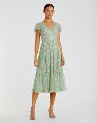 Embroidered V Neck Cap Sleeve Midi Dress