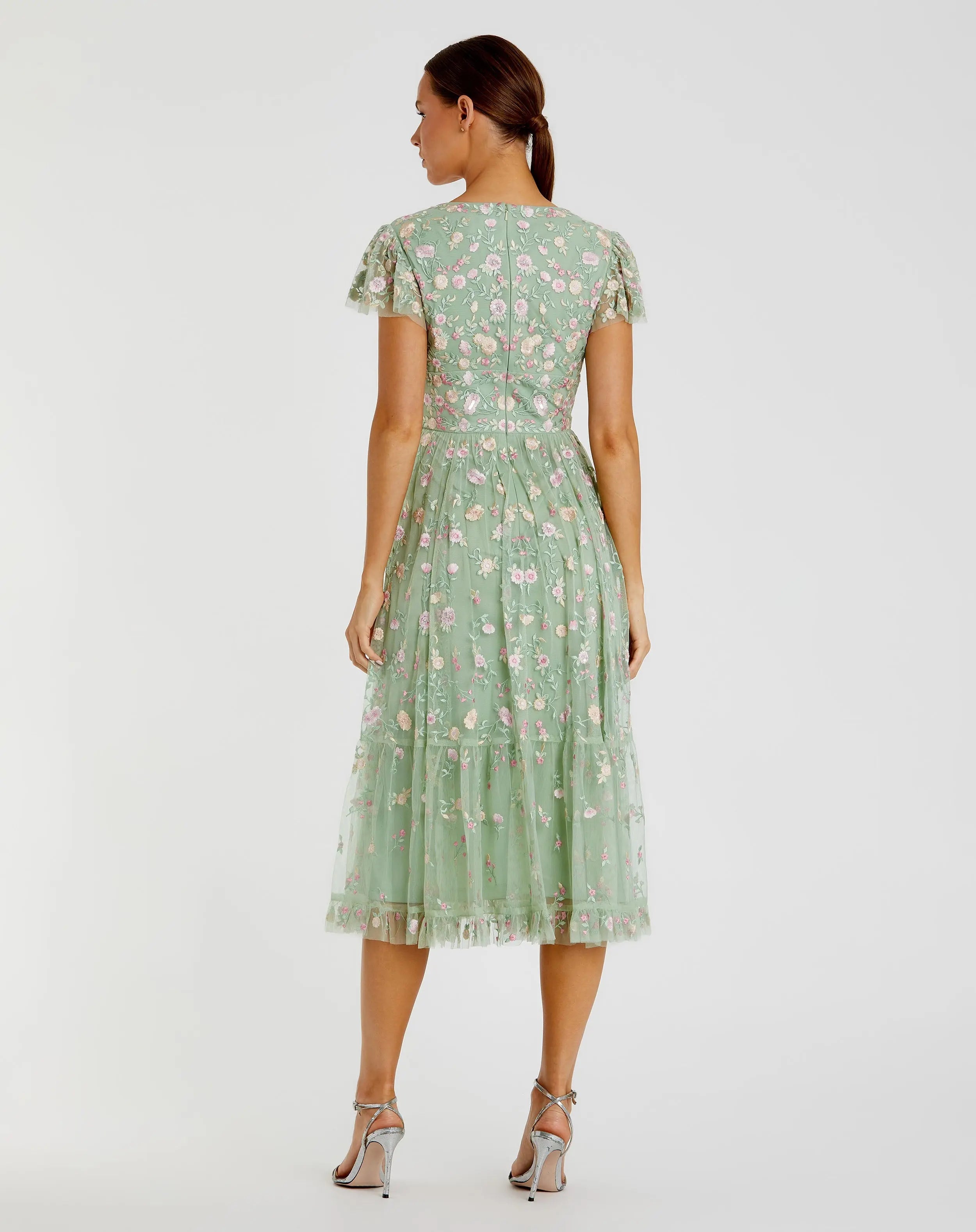 Green Multicolor Embroidered V Neck Cap Sleeve Midi Dress