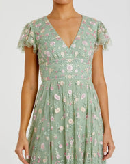 Green Multicolor Embroidered V Neck Cap Sleeve Midi Dress