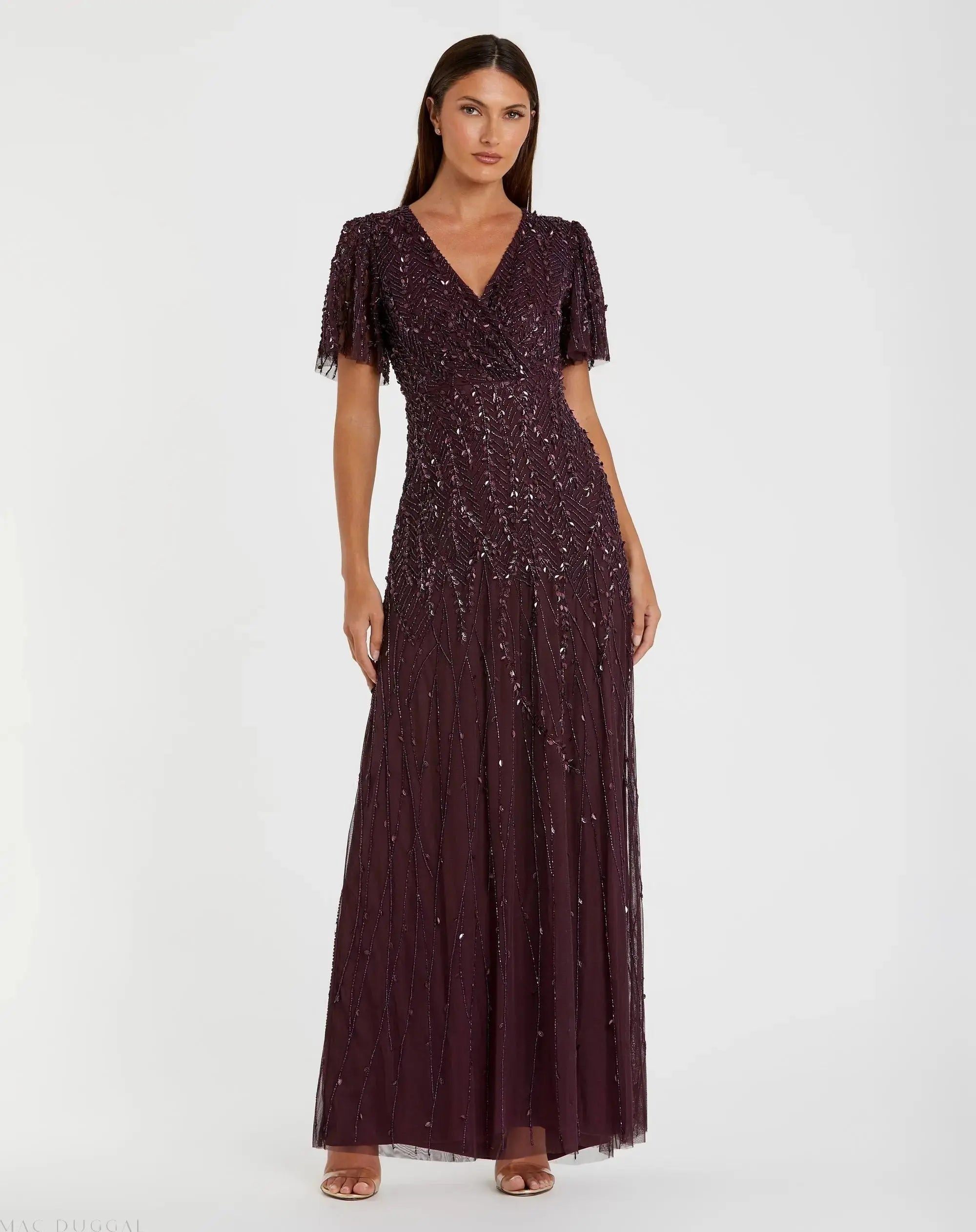 Embellished Flutter Sleeve Gown