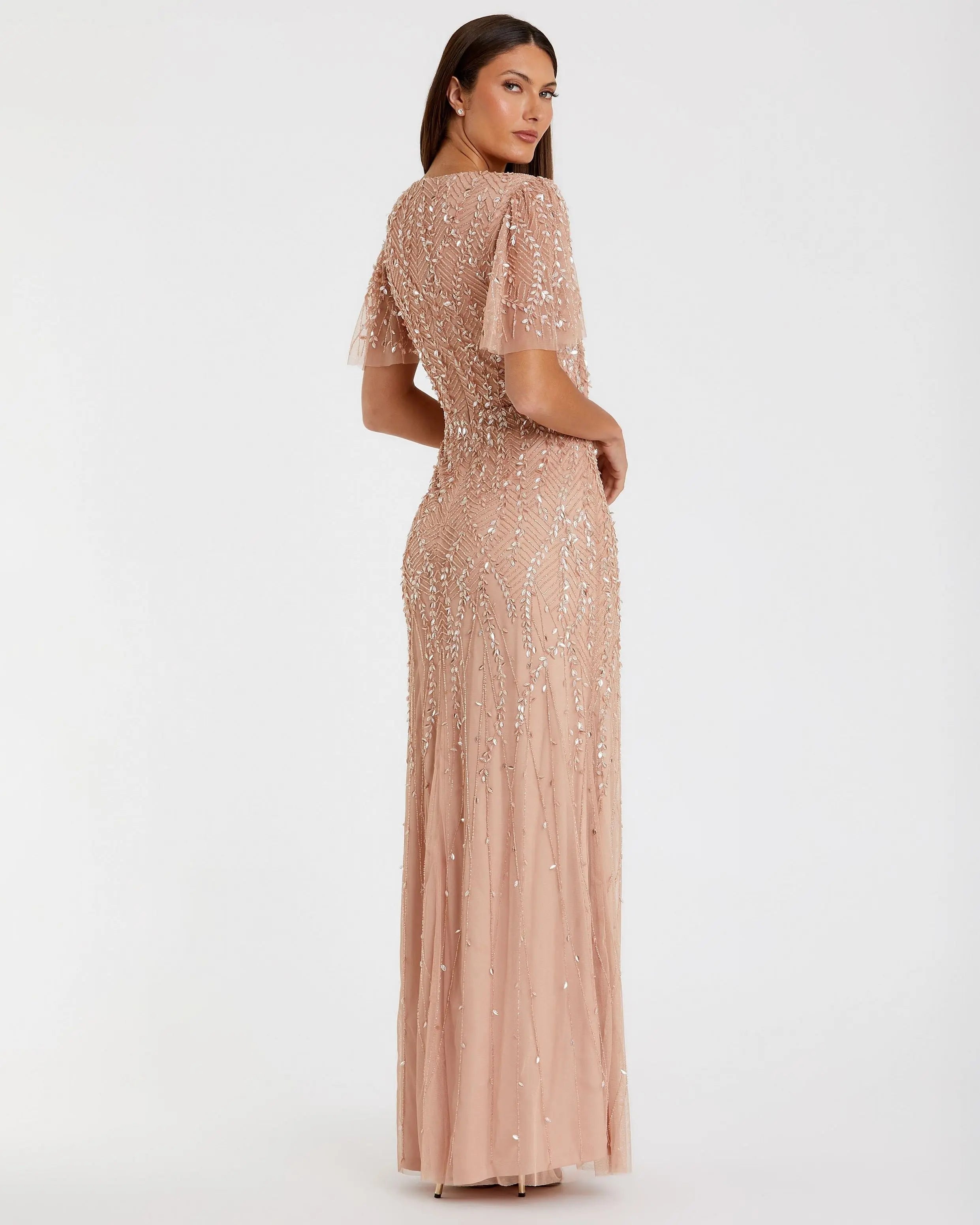 Pink Embellished Flutter Sleeve Gown