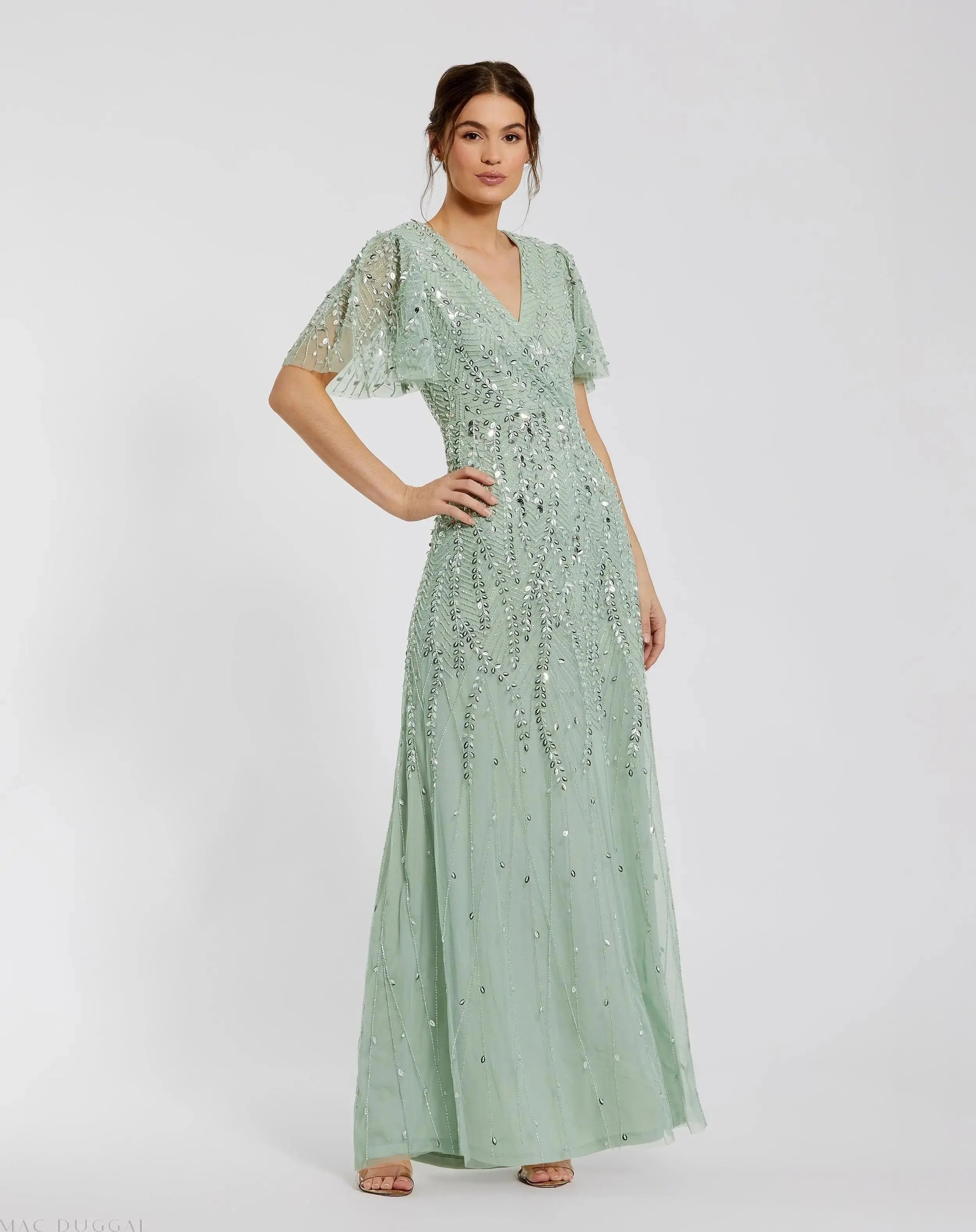 Embellished Flutter Sleeve Gown