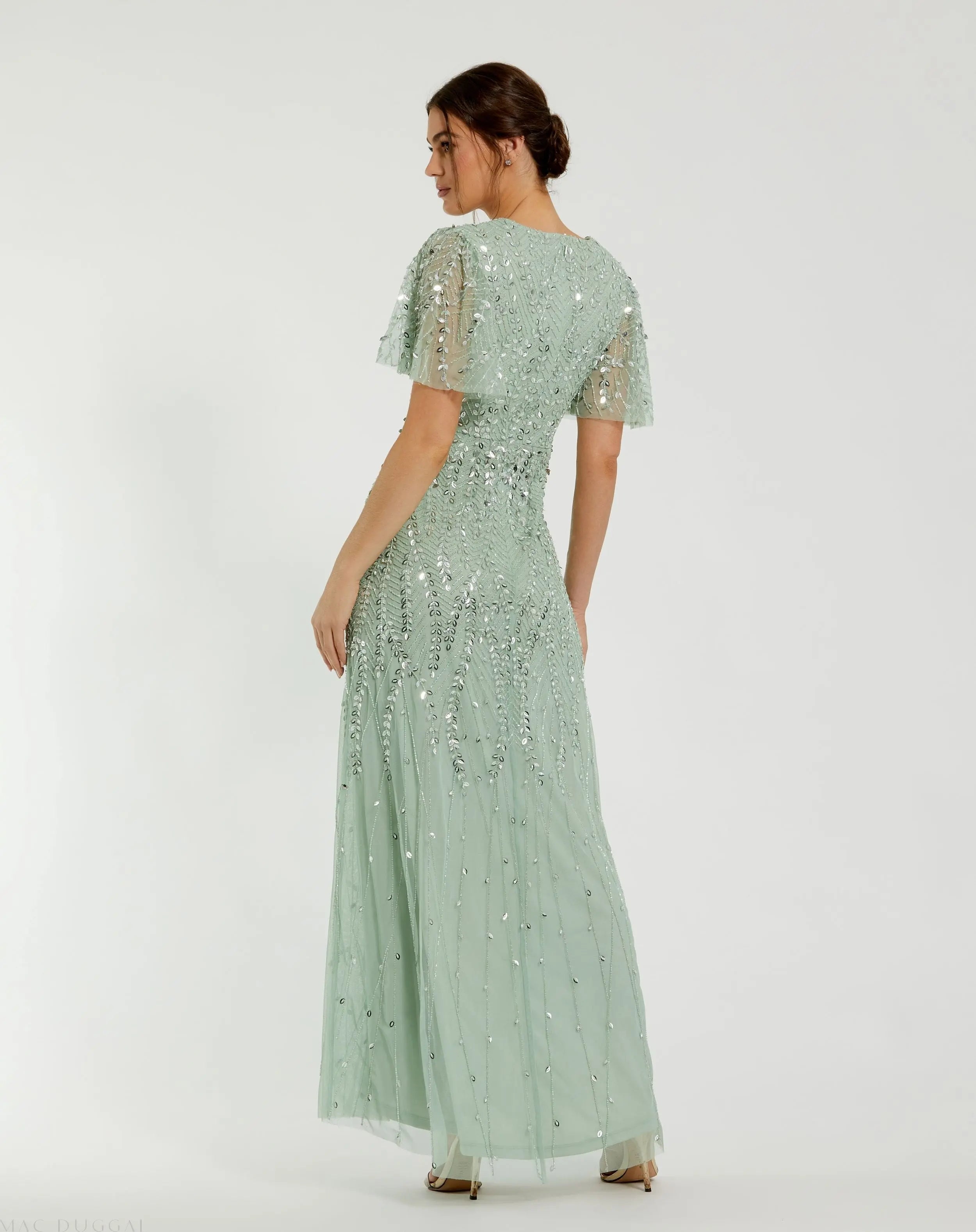Green Beaded Wrap Over Butterfly Sleeve Column Gown