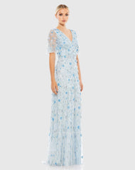 Blue Embellished V-Neck Empire Waist Ruffle Hem Gown