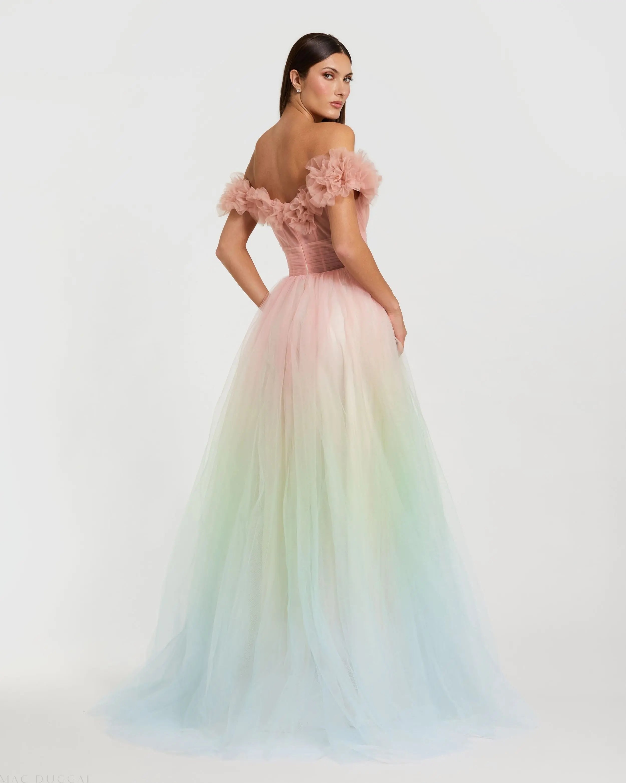 Multicolor Off The Shoulder Ombre Tulle Ballgown