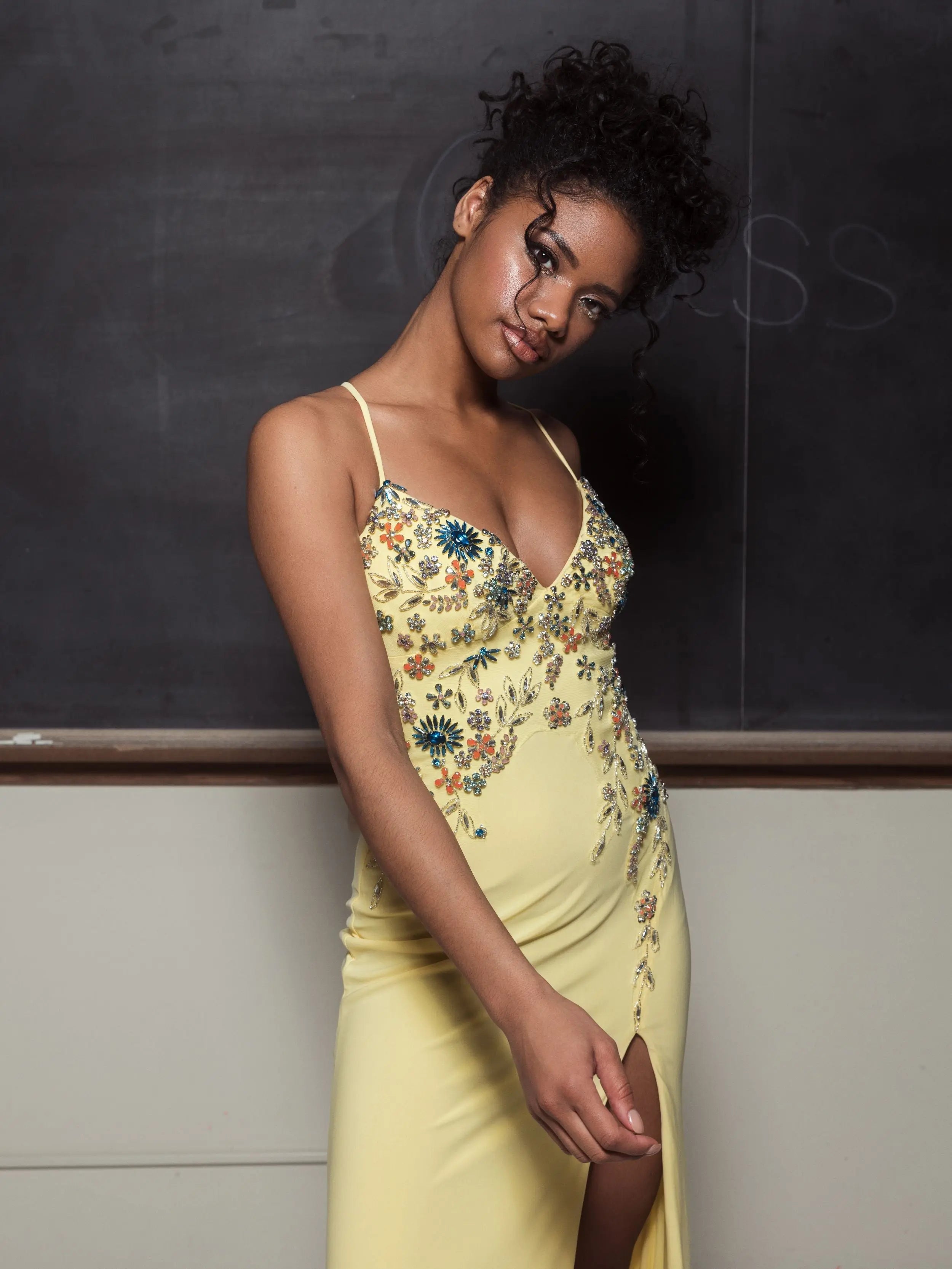 Yellow Multi Color Beaded Floral Cami Gown
