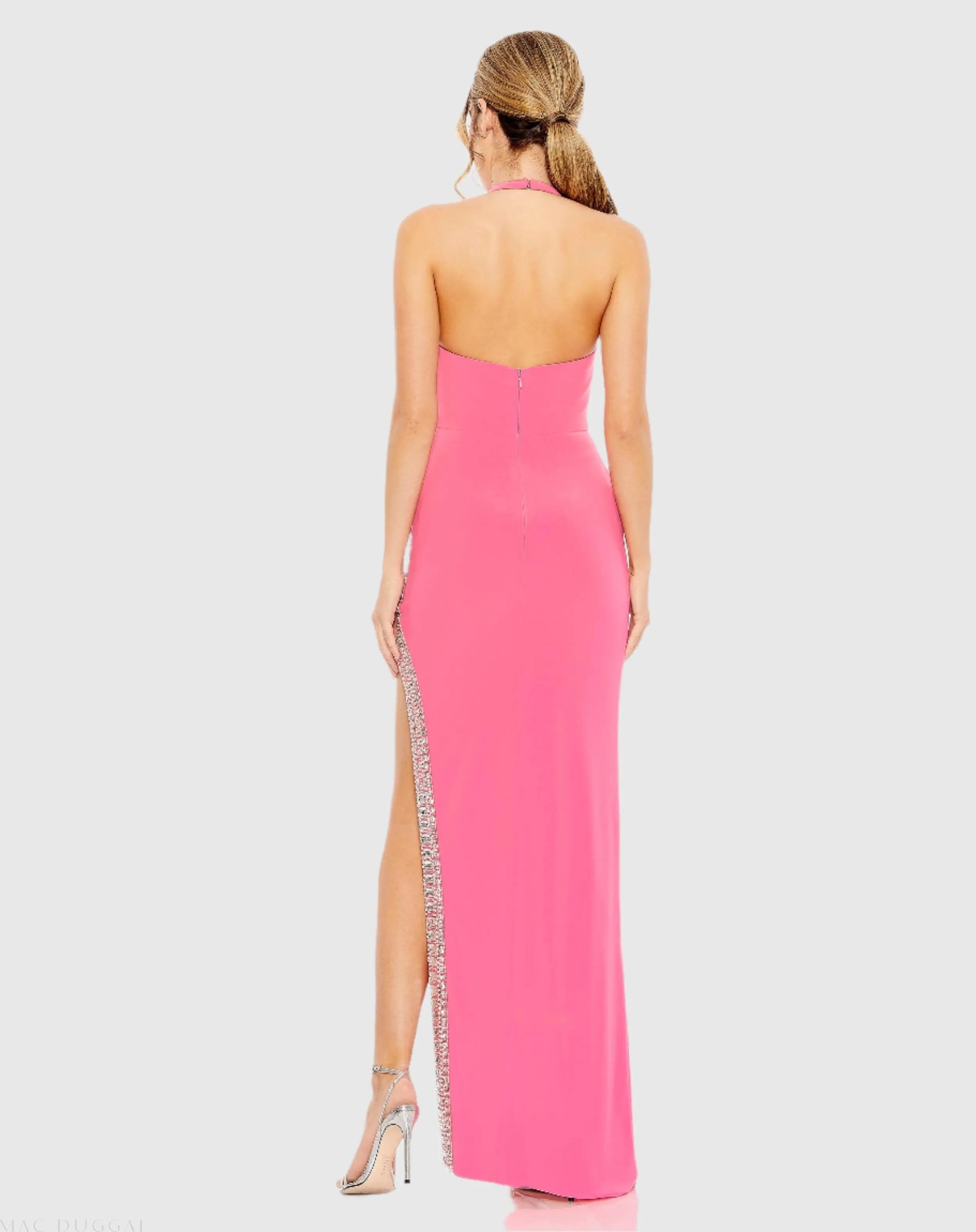 Pink Jersey Halter Neck Beaded Slit Detail Gown