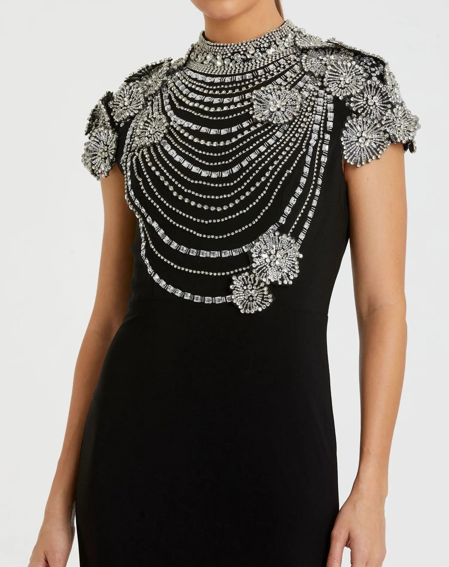 Black High Neck Embellished Column Gown
