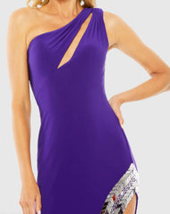 Purple One Shoulder Cut Out Mirror Sequin High Slit Gown