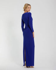Blue Long Sleeve Jersey V Neck Twist Knot Gown