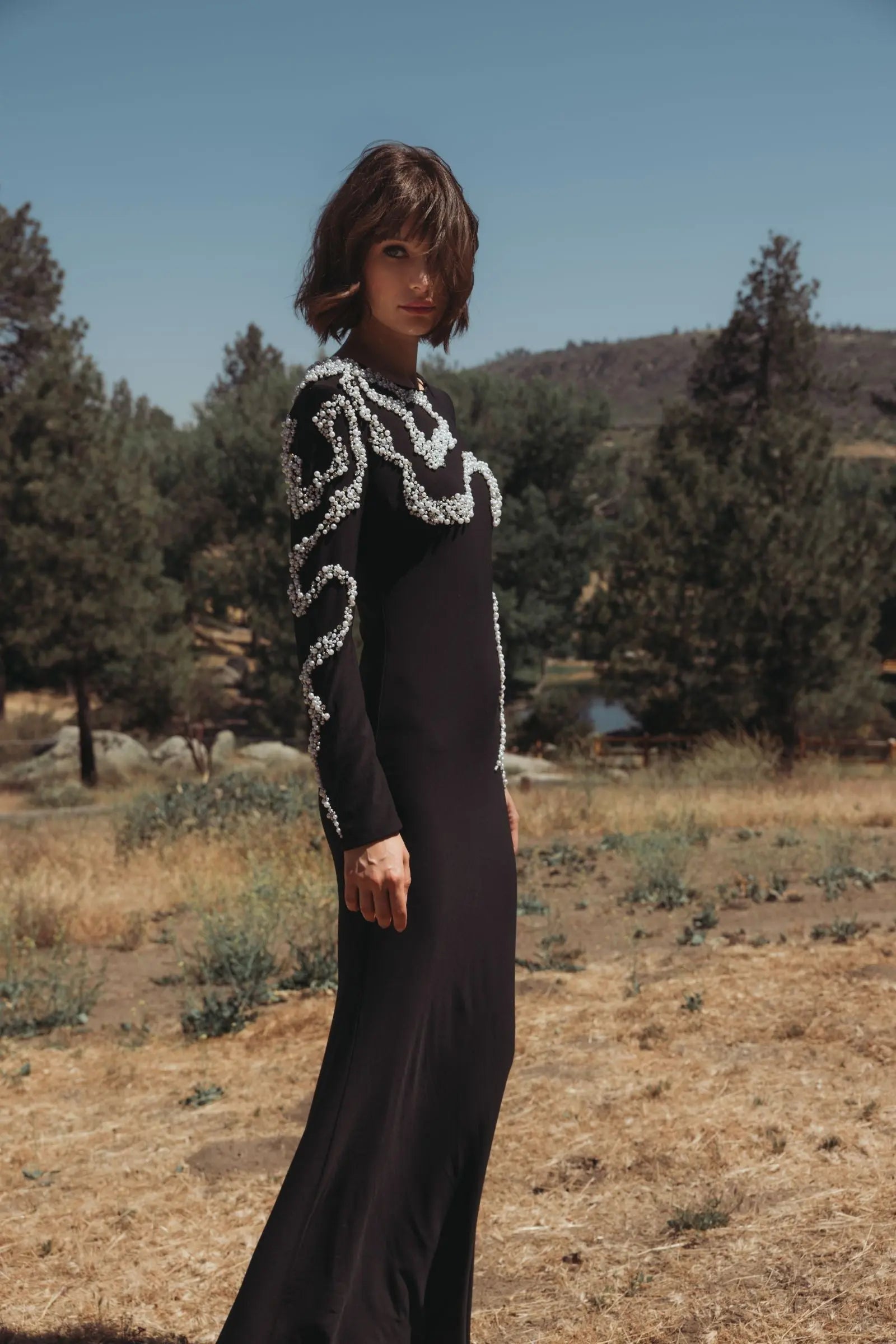 Black Jersey Evening Gown with Beaded Swirl Detail