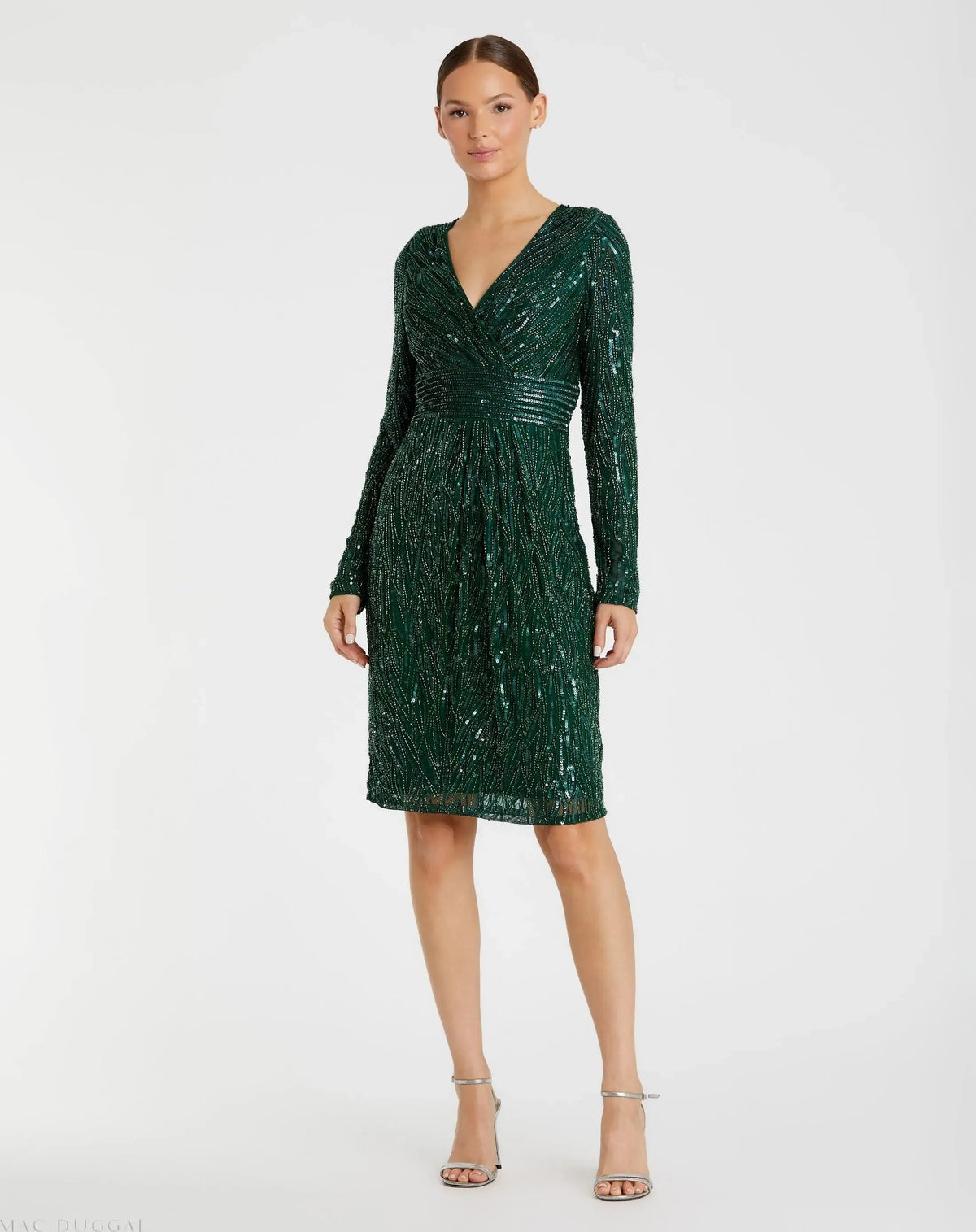 Green Long Sleeve Embellished Sequin Cocktail Dress