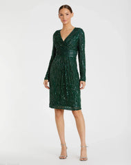 Green Long Sleeve Embellished Sequin Cocktail Dress