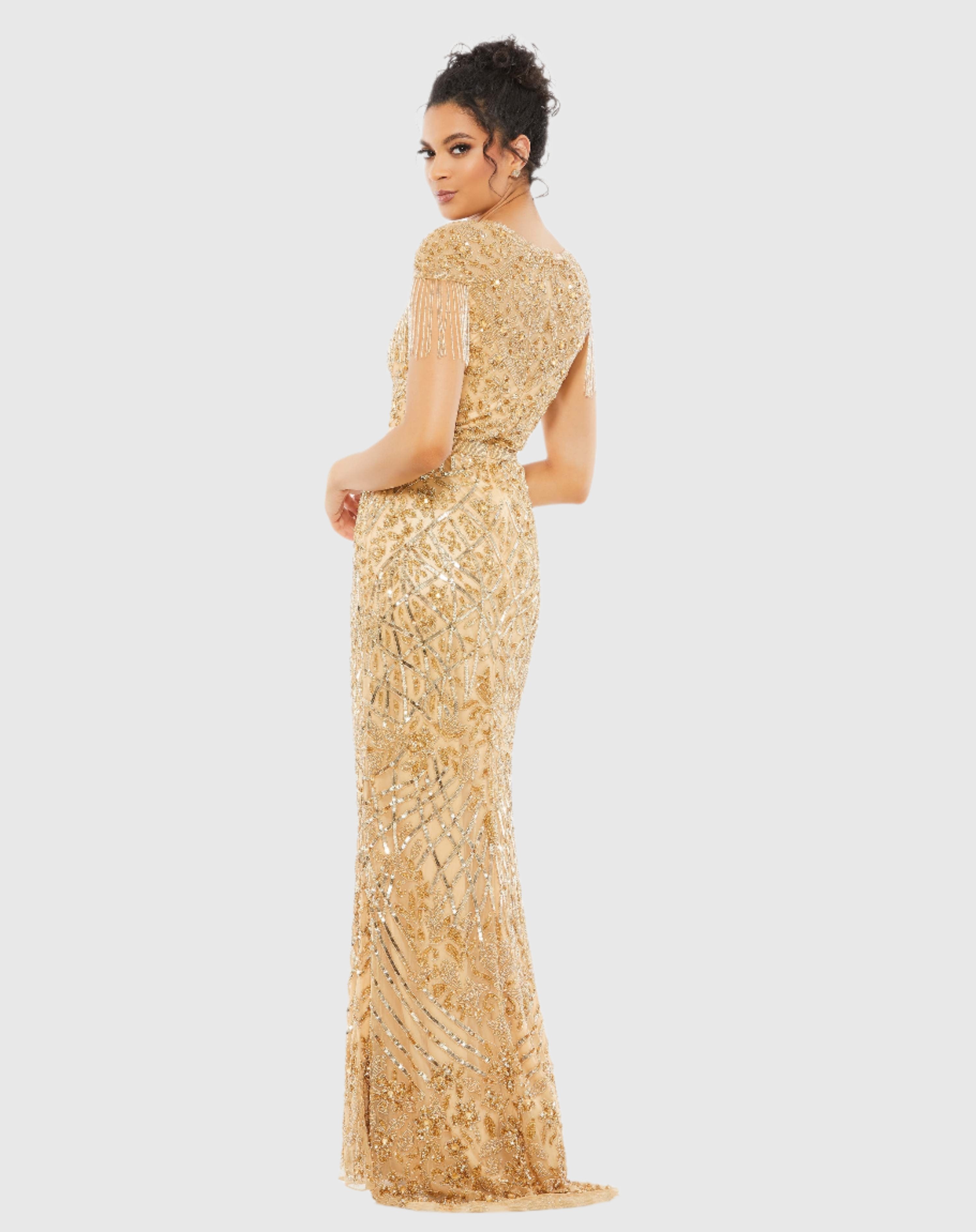 Gold Embellished Fringe Cap Sleeve Trumpet Gown