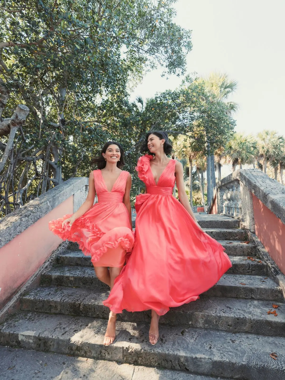 Coral Ruffle Shoulder V-Neck Chiffon Gown