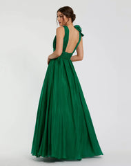 Emerald Green Ruffle Shoulder V-Neck Chiffon Gown