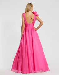 Pink Ruffle Shoulder V-Neck Chiffon Gown
