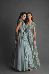 Green Floral Embroidered Short Cap Evening Gown