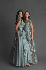 Green Ruffle Shoulder V-Neck Chiffon Gown