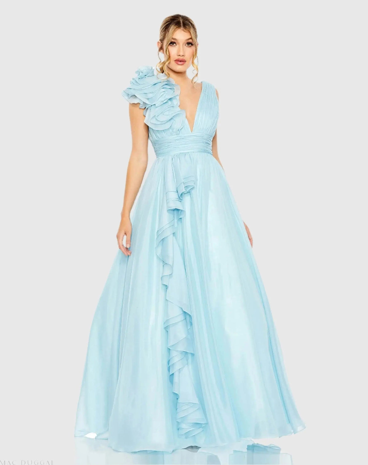 Light Blue Ruffle Shoulder V-Neck Chiffon Gown