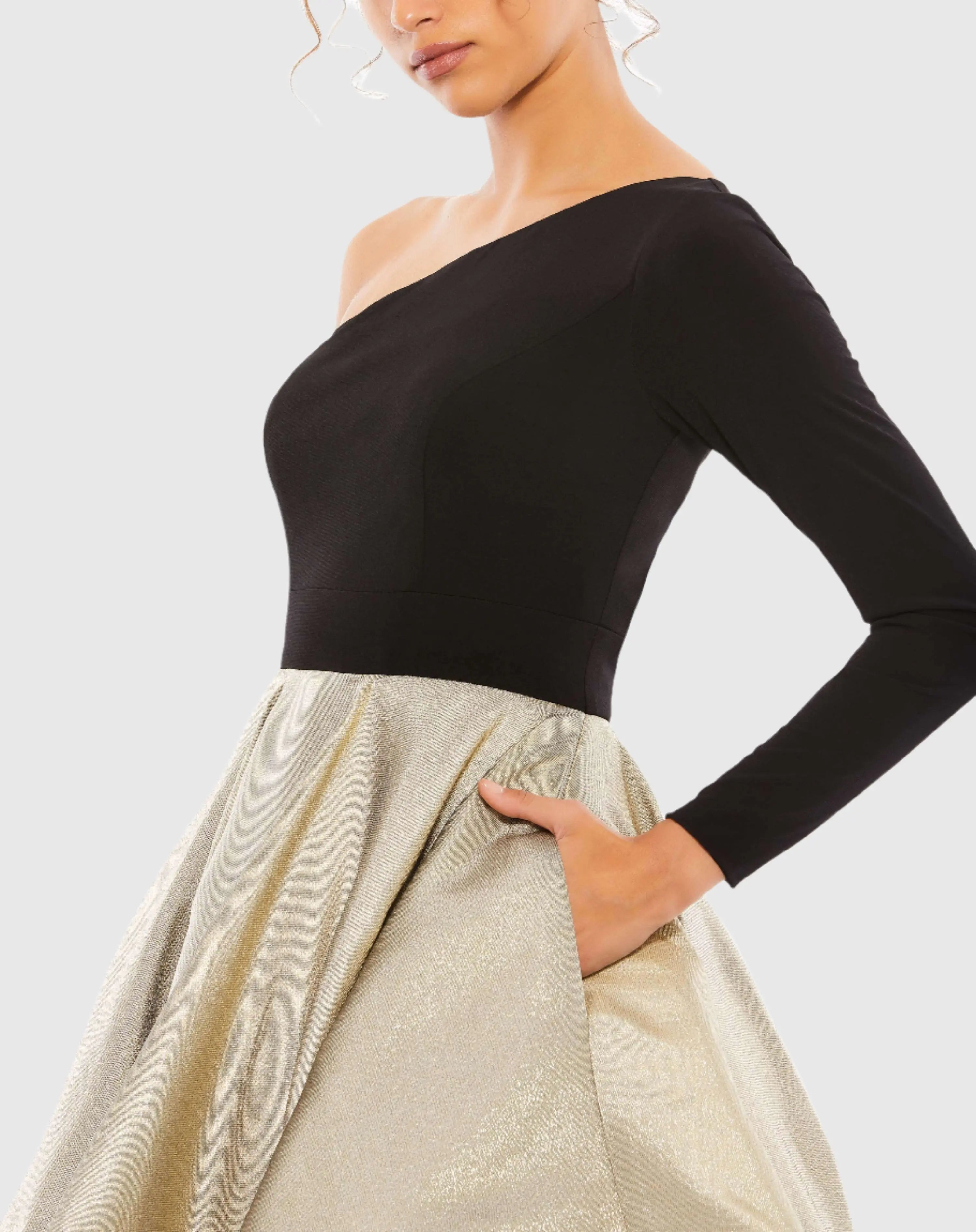 Black and Gold One Shoulder A-Line Dress