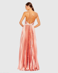 Pink Plunge Neck Pleated Evening Gown