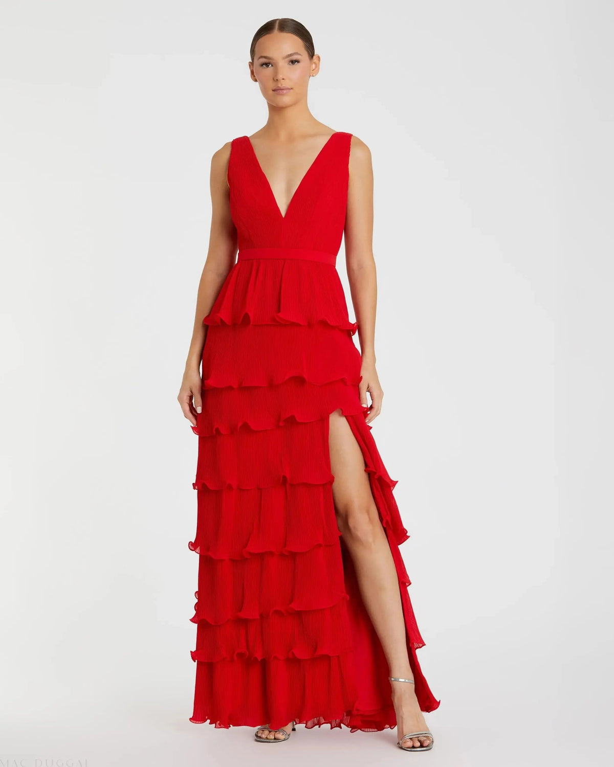 Red Sleeveless Ruffle Tiered V Neck Gown