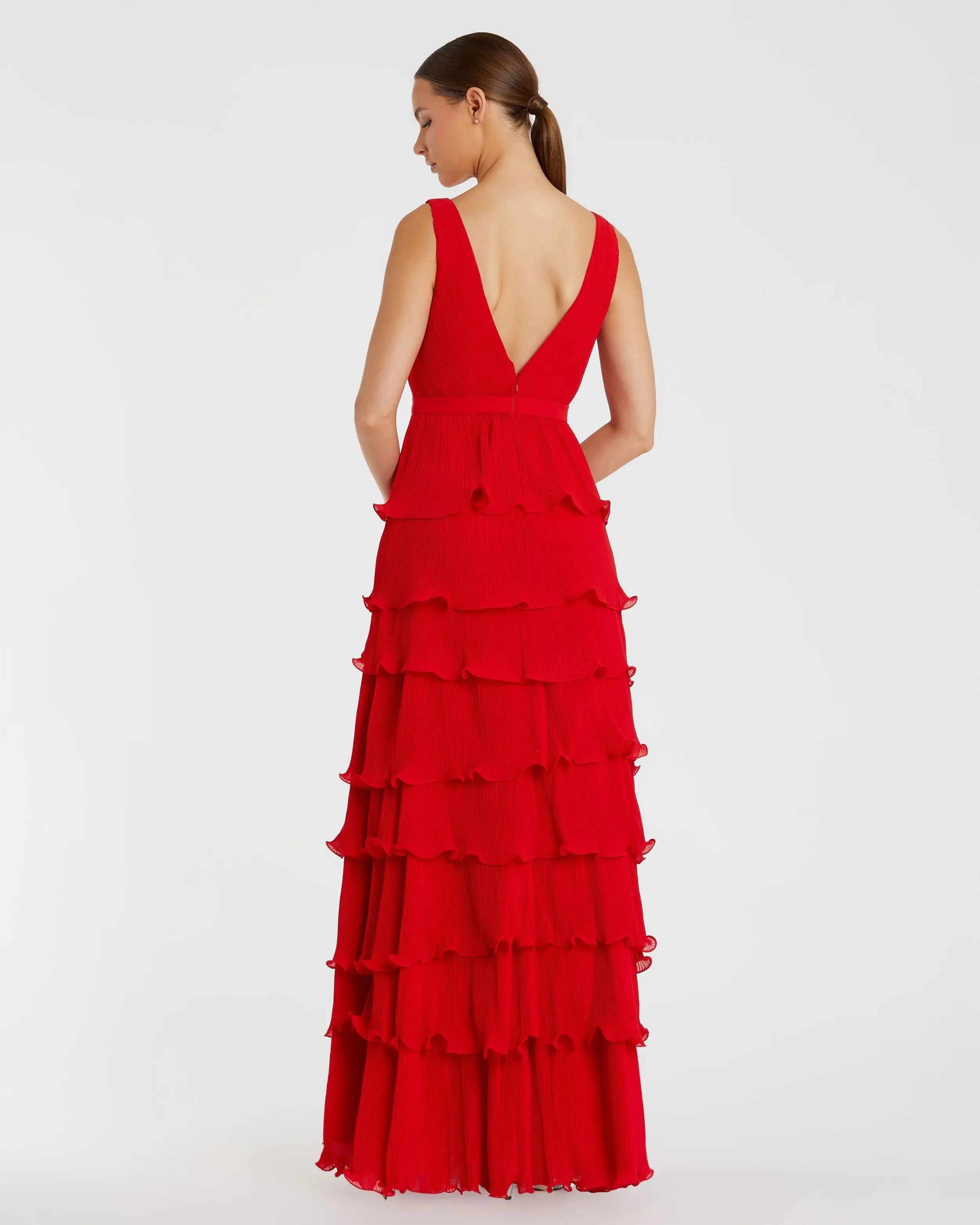 Red Sleeveless Ruffle Tiered V Neck Gown