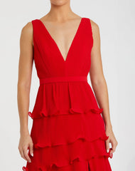 Red Sleeveless Ruffle Tiered V Neck Gown
