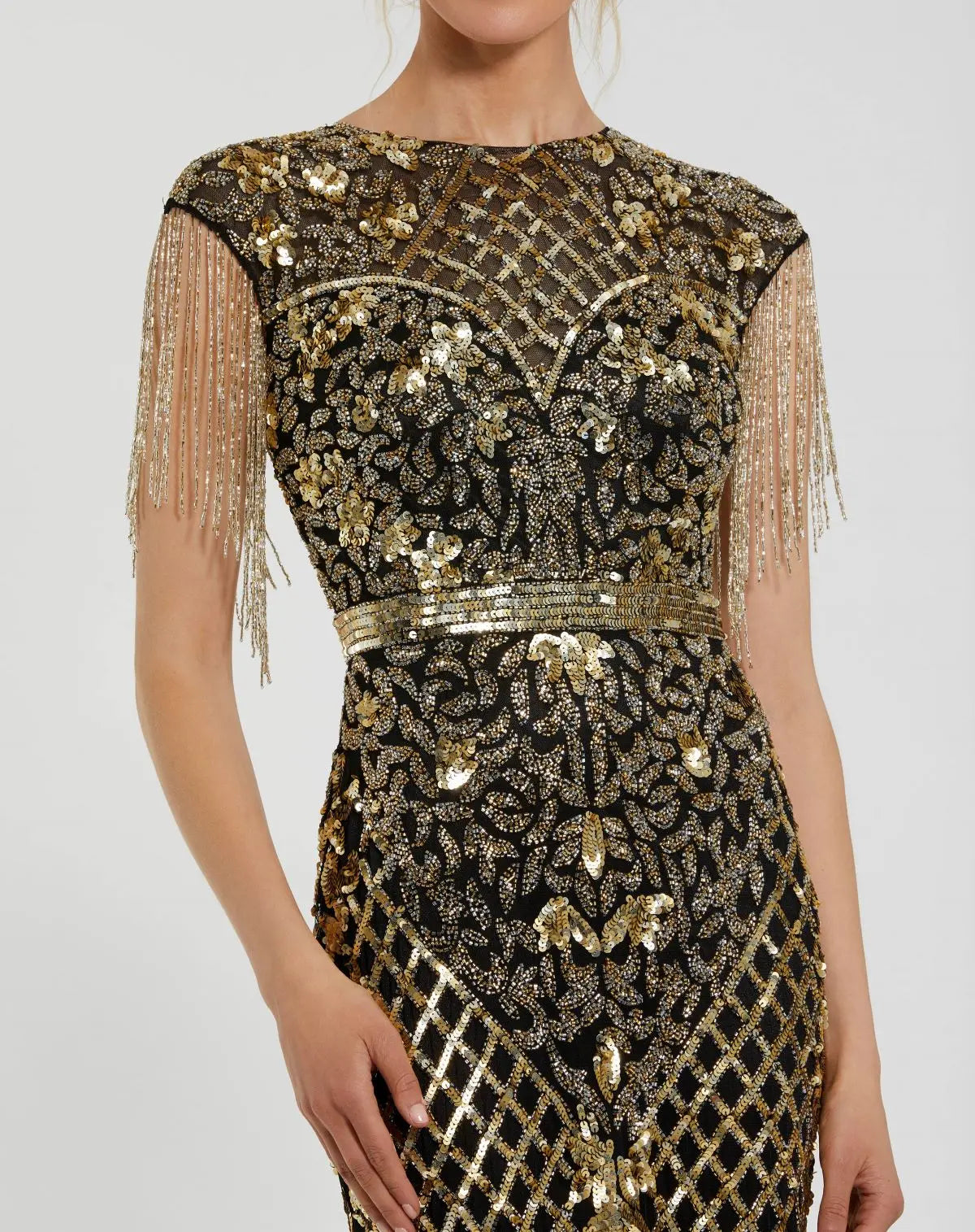 Black High Neck Sleeveless Beaded Fringe Fitted Gown