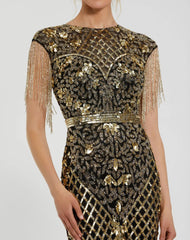 Black High Neck Sleeveless Beaded Fringe Fitted Gown