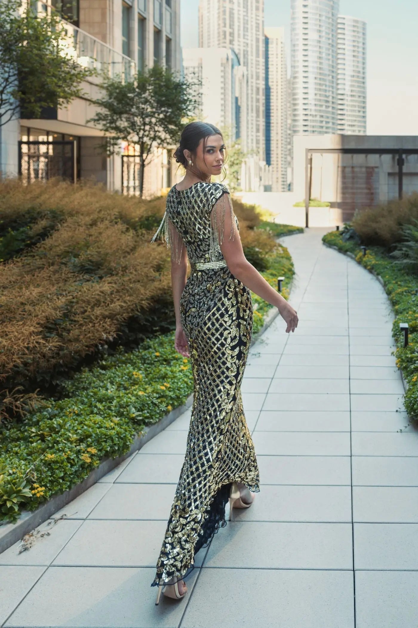 Black High Neck Sleeveless Beaded Fringe Fitted Gown