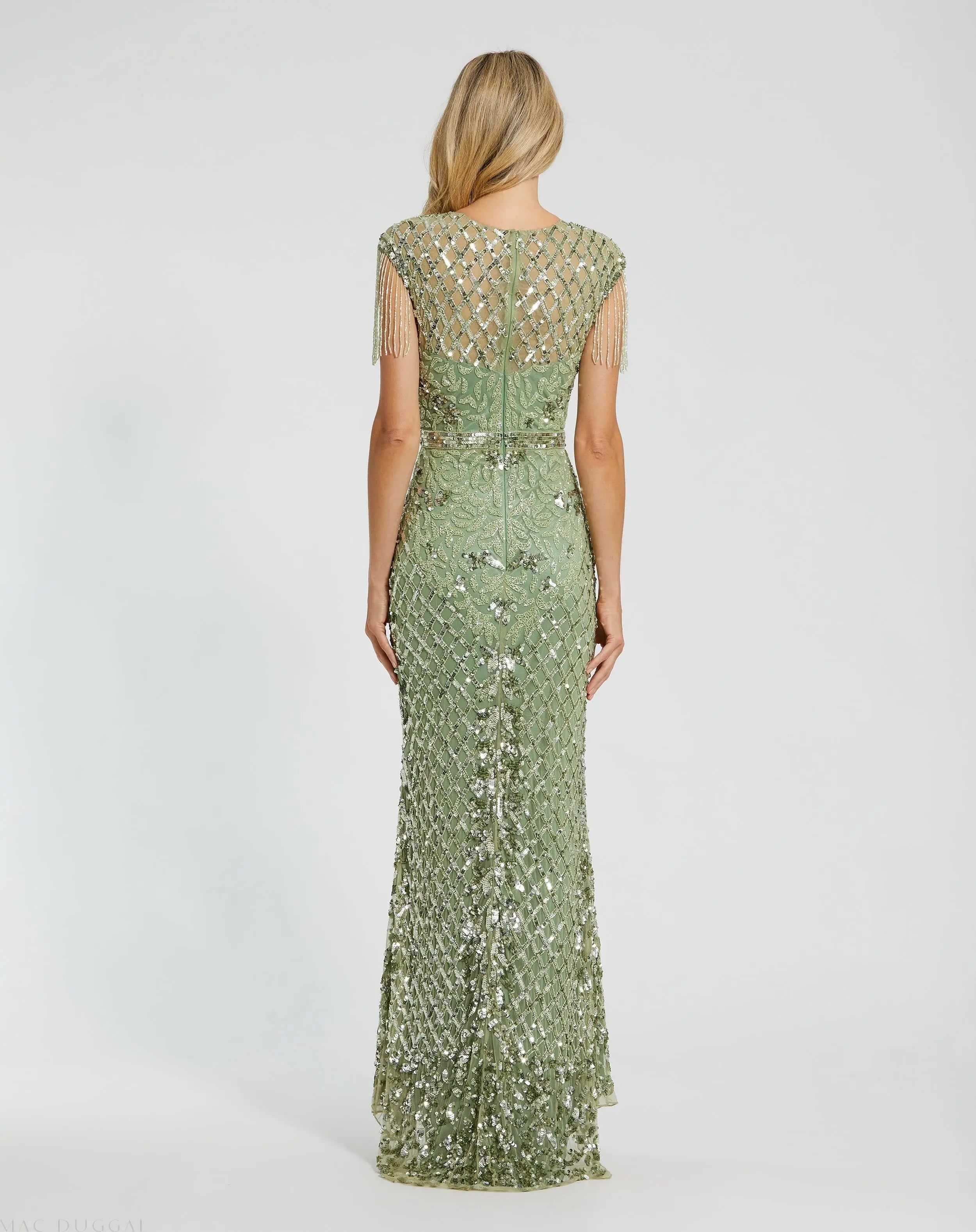Green High Neck Sleeveless Beaded Fringe Fitted Gown