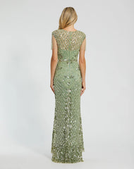 Green High Neck Sleeveless Beaded Fringe Fitted Gown