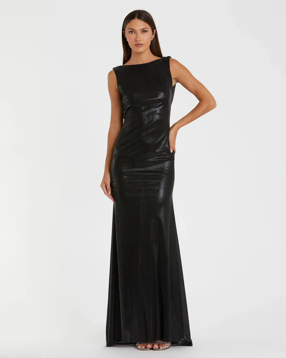 Black Metallic Jersey Cowl Back Column Gown
