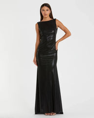 Black Metallic Jersey Cowl Back Column Gown