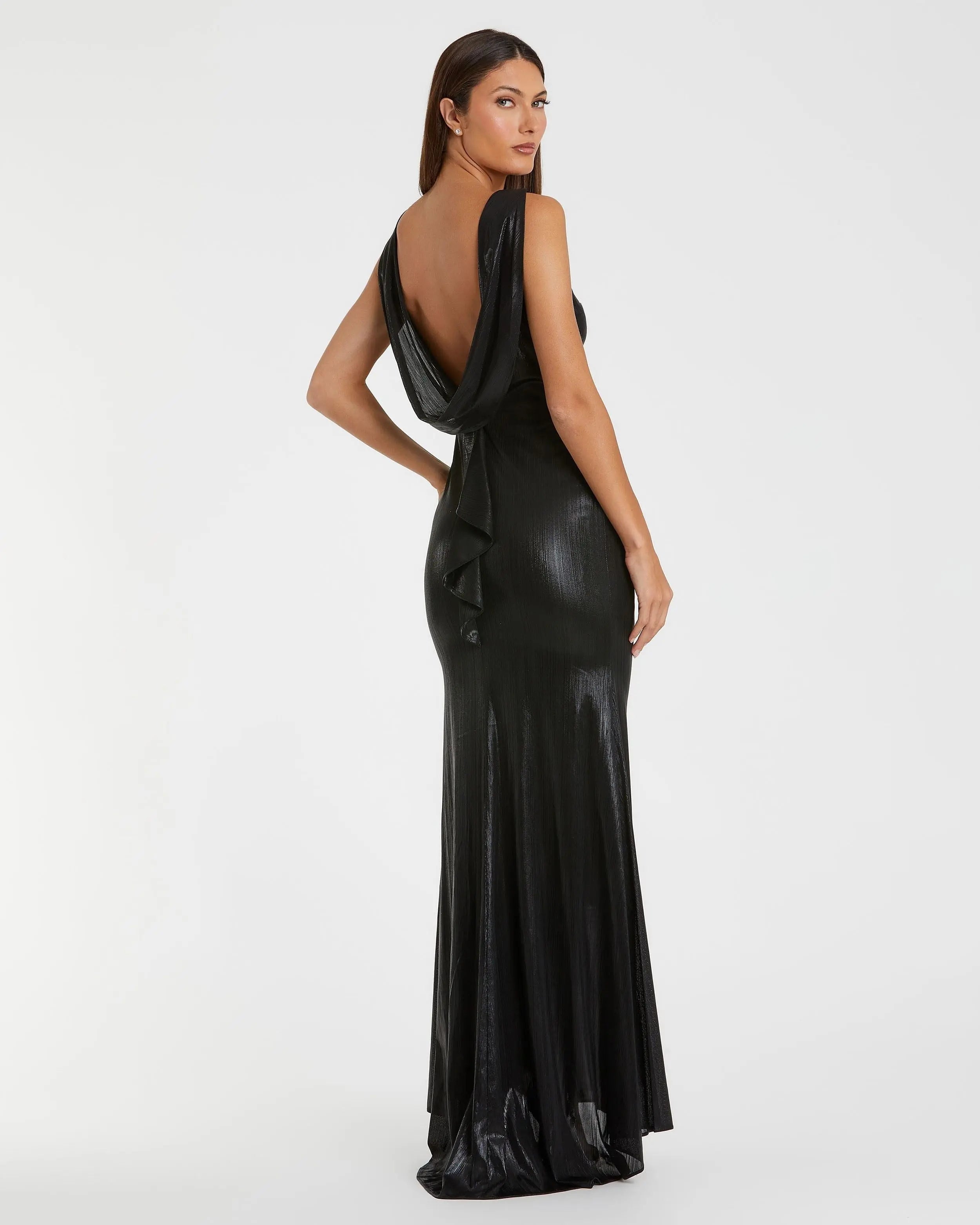 Black Metallic Jersey Cowl Back Column Gown