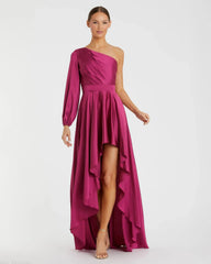 Purple Long Sleeve One Shoulder Satin High Low A-line Gown