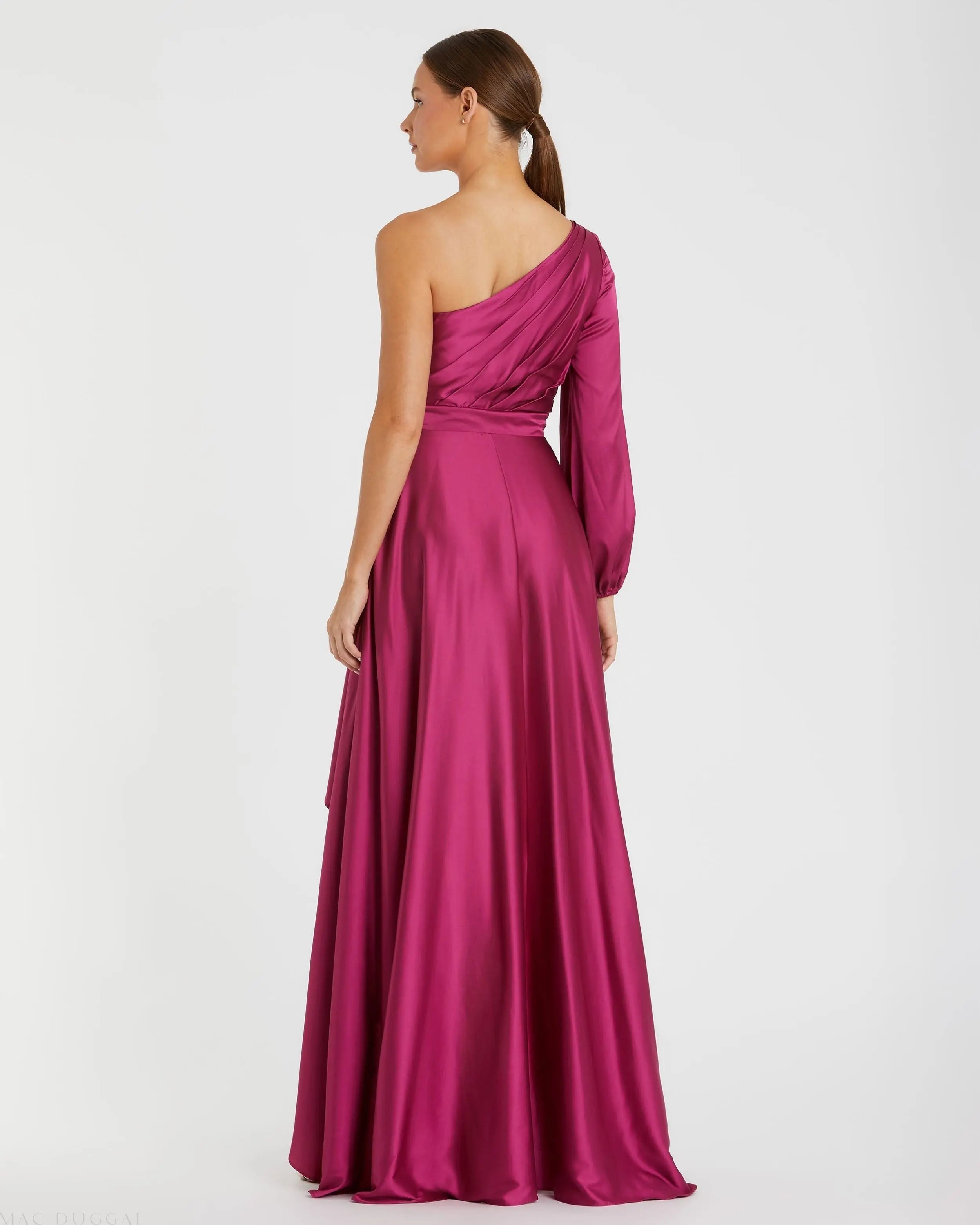Purple Long Sleeve One Shoulder Satin High Low A-line Gown