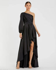 Black Long Sleeve One Shoulder Satin High Low A-line Gown