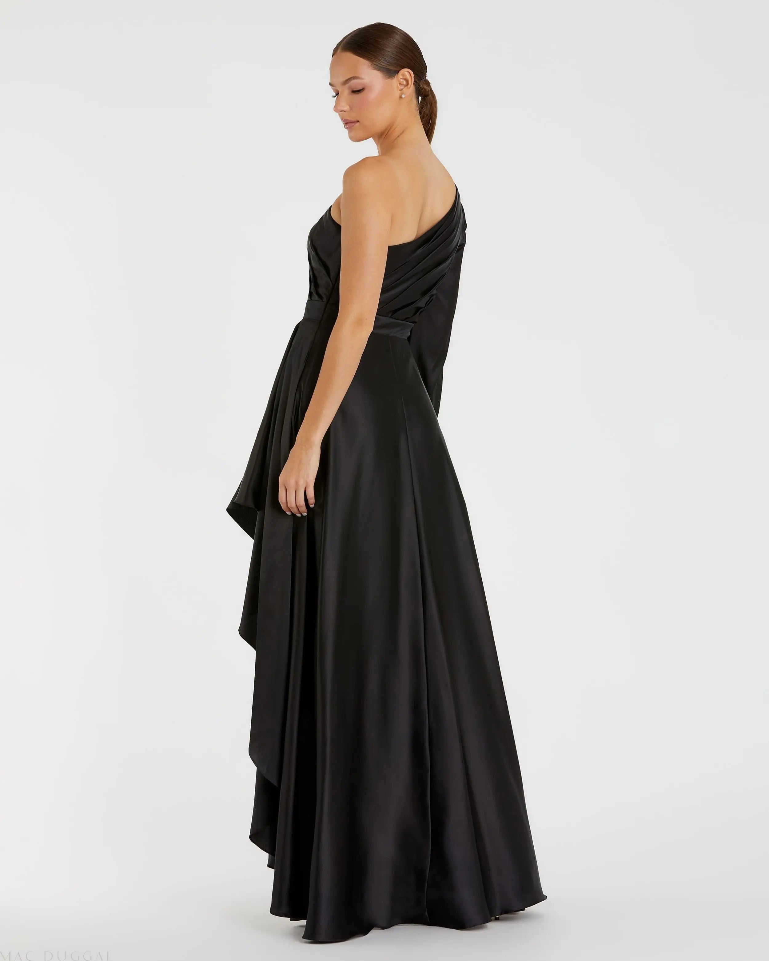 Black Long Sleeve One Shoulder Satin High Low A-line Gown