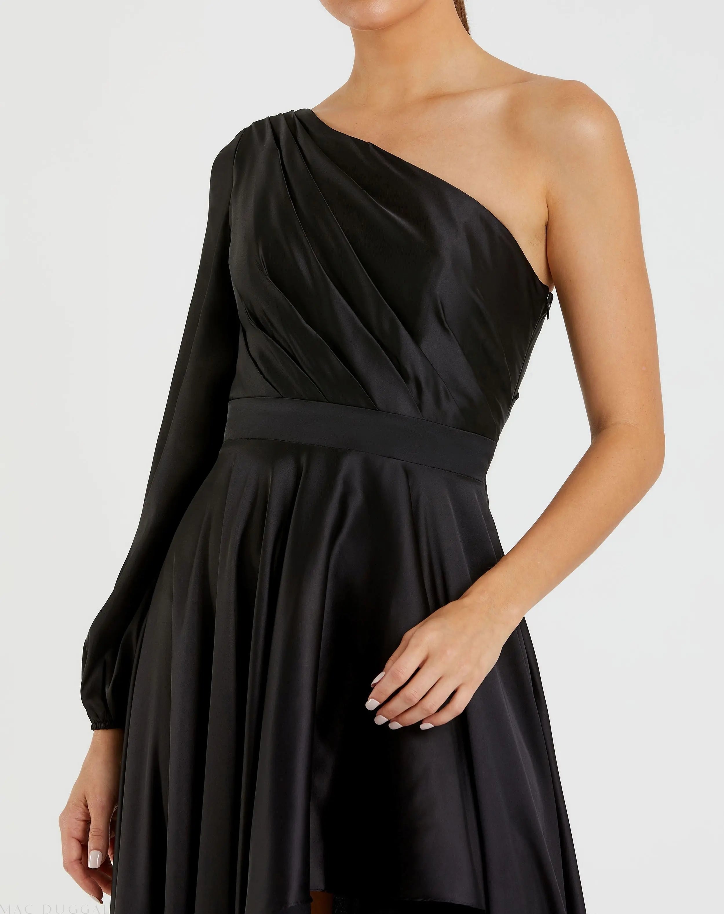 Black Long Sleeve One Shoulder Satin High Low A-line Gown