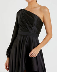 Black Long Sleeve One Shoulder Satin High Low A-line Gown