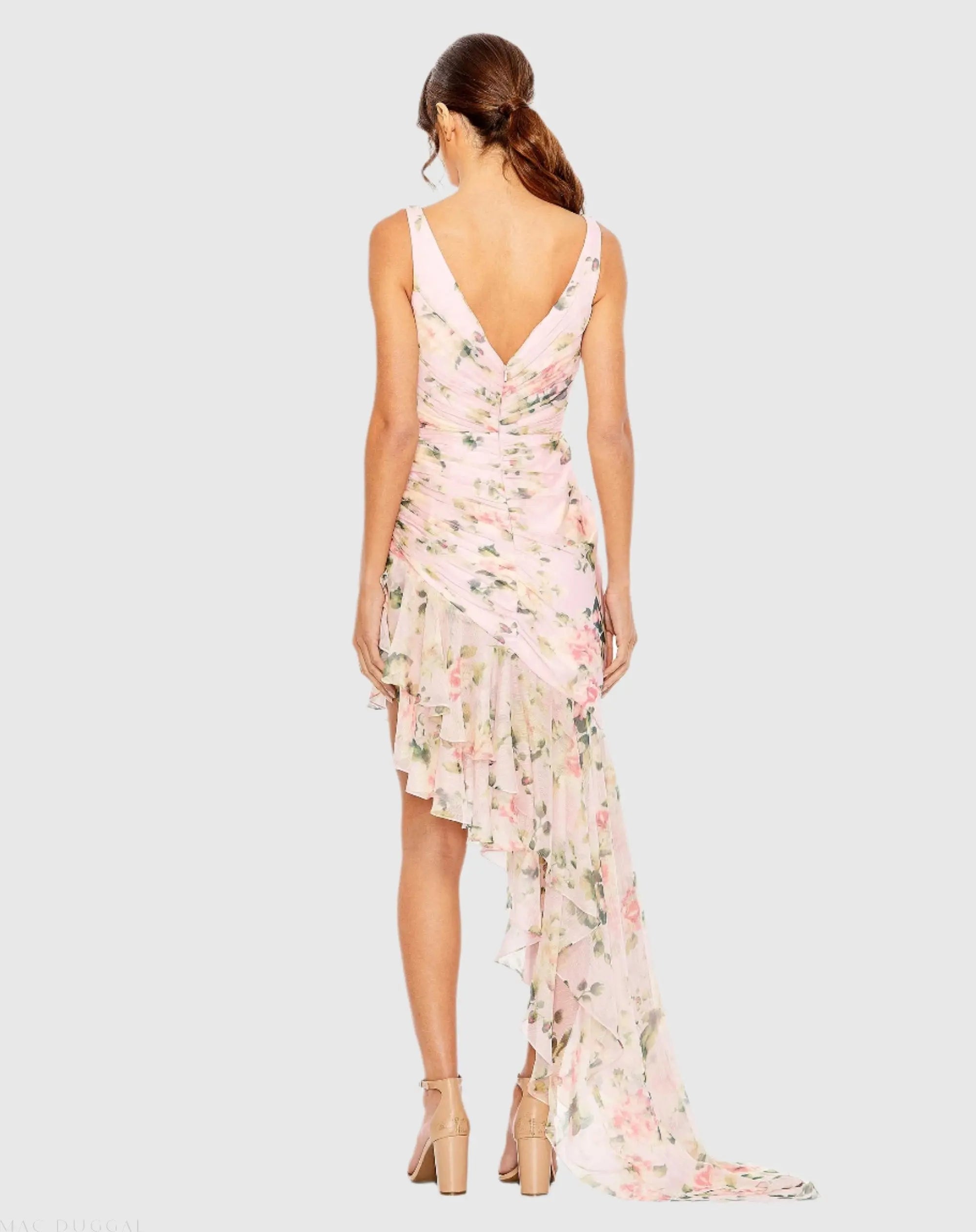 Pink Floral Print Asymmetrical Ruffle Hem Dress