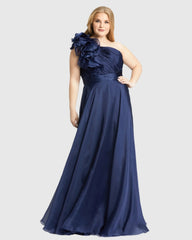 Navy One Shoulder Ruffle Evening Gown (Plus)