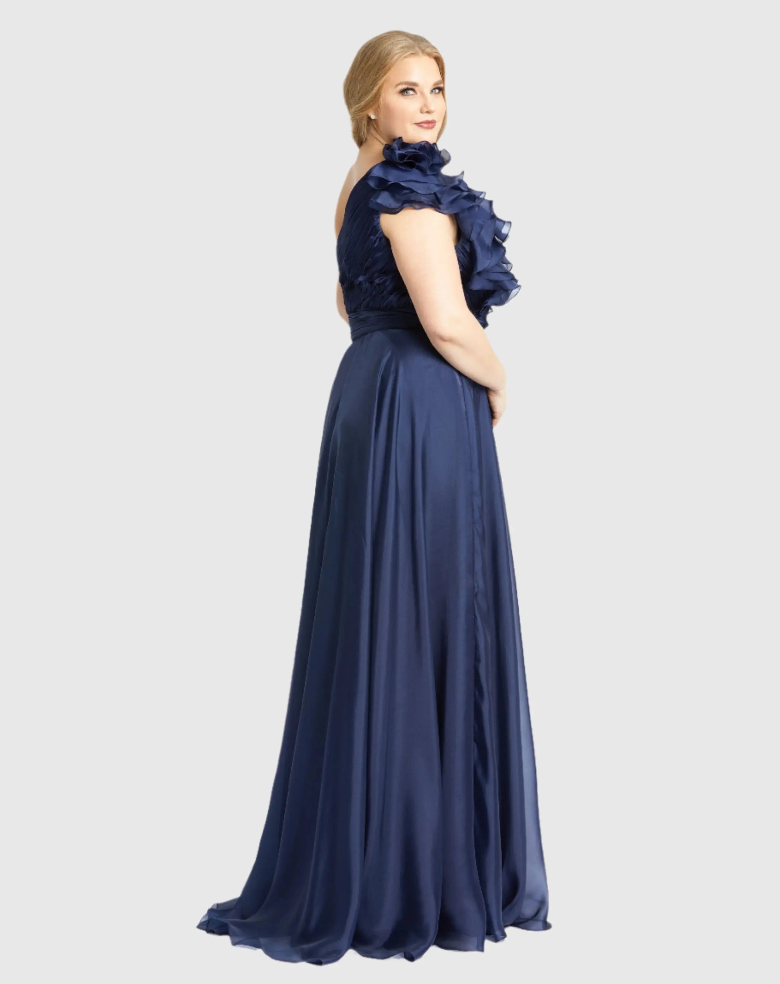 Navy One Shoulder Ruffle Evening Gown (Plus)