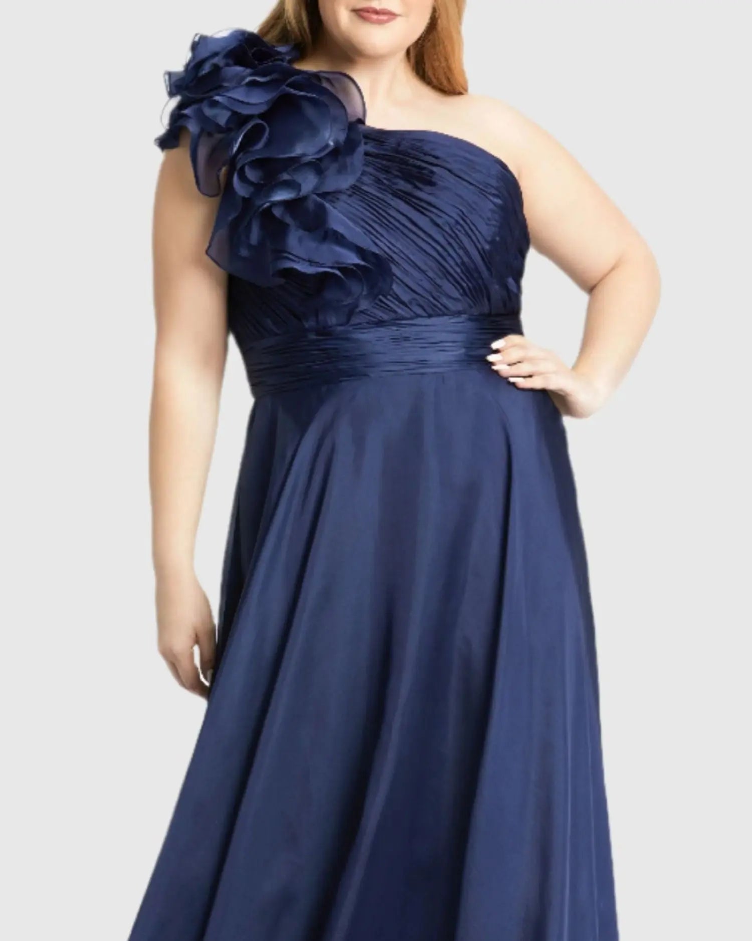 Navy One Shoulder Ruffle Evening Gown (Plus)