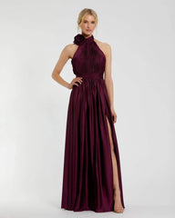 Purple Soft Tie Halter Neck High Slit Gown
