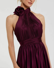 Purple Soft Tie Halter Neck High Slit Gown