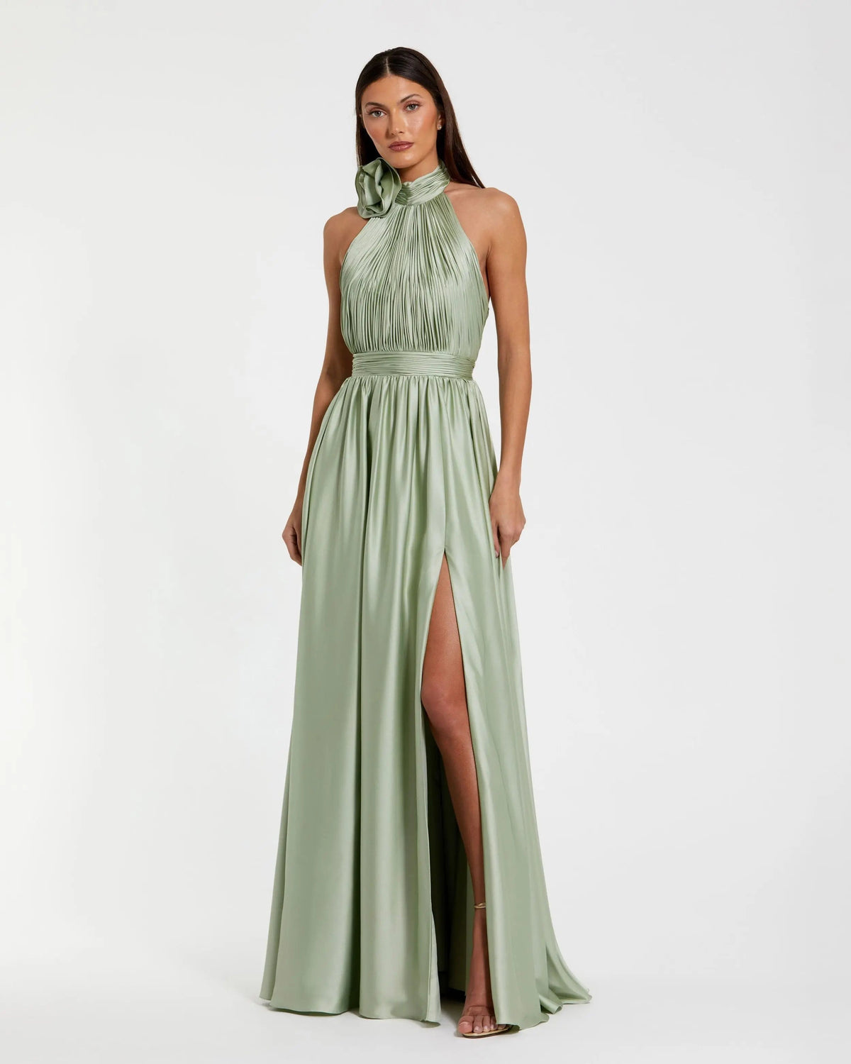 Green Soft Tie Halter Neck High Slit Gown